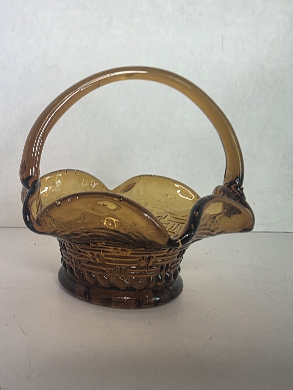 Amber Glass Basket Ruffled Rim Basket Weave Pattern